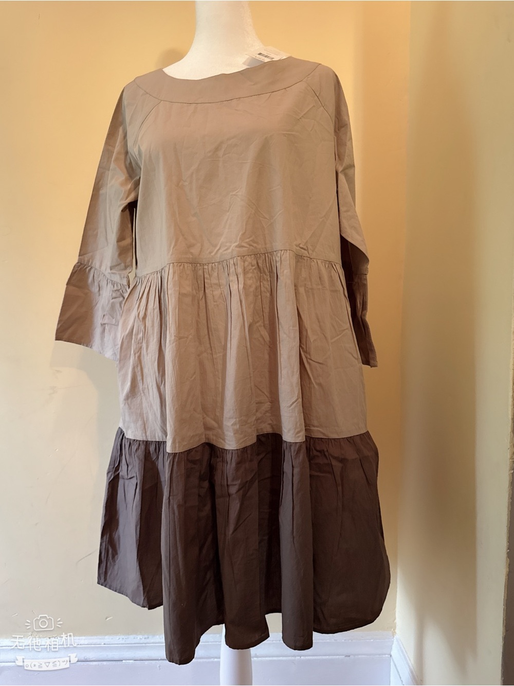 French Connection Taupe and Dark Brown Tiered Midi Dress